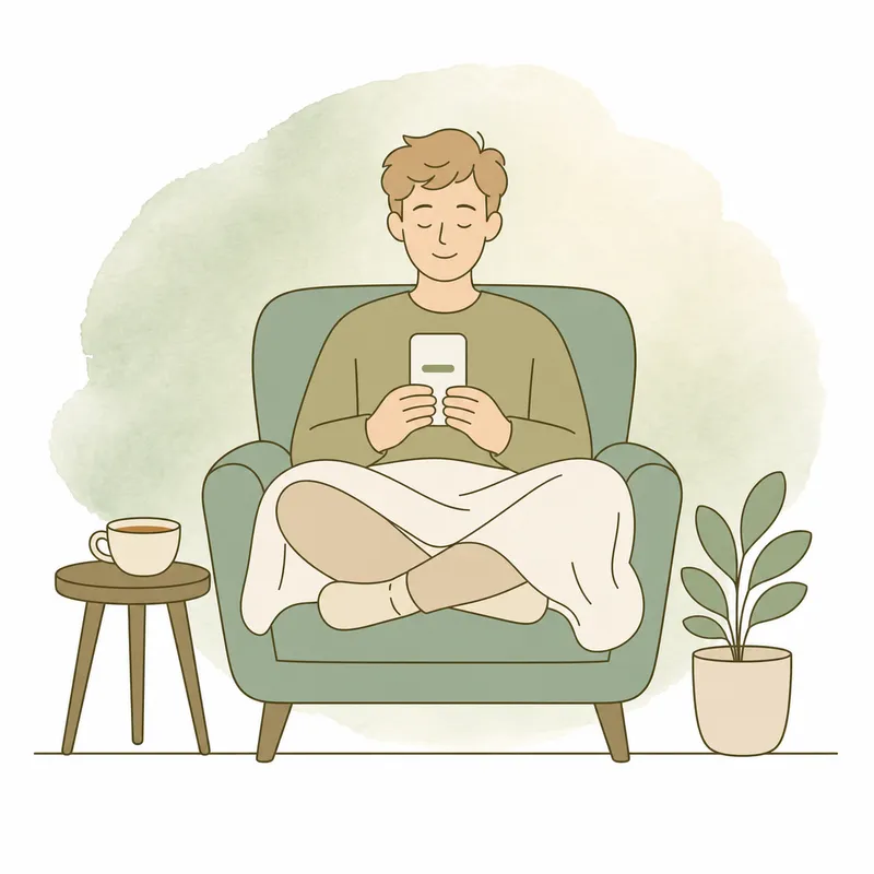 A patient sitting cross-legged in an armchair at home, wrapped in a blanket, calmly completing an assessment on their phone